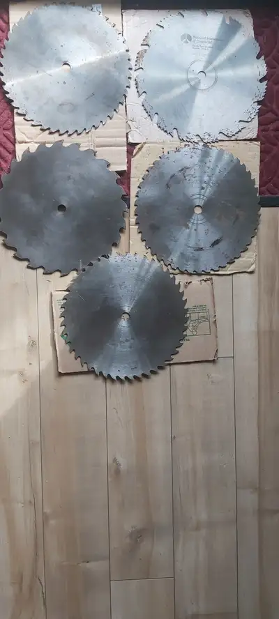 For sale are a set of 5 vintage saw circular blades sizes 10" from different brands like Rockwell, D...