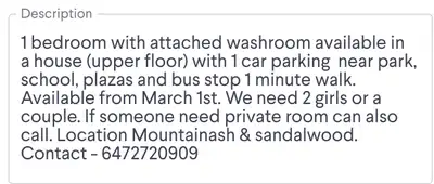 1 bedroom with attached washroom available in a house (upper floor) with 1 car parking near park, sc...