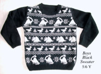 Boy’s sweater, age 5, size 4/5Y, black, dinosaurs & mammoths