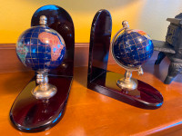 Vintage Blue Lapis Semi-Precious Stone Globes on Wood Bookends