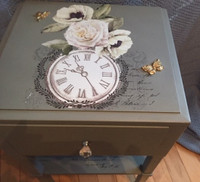 Solid wood grey end table with floral transfers and bling