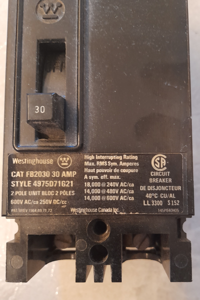 Westinghouse FB2030 2 Pole Circuit Breaker 30AMP/600Vac/250Vdc, View more