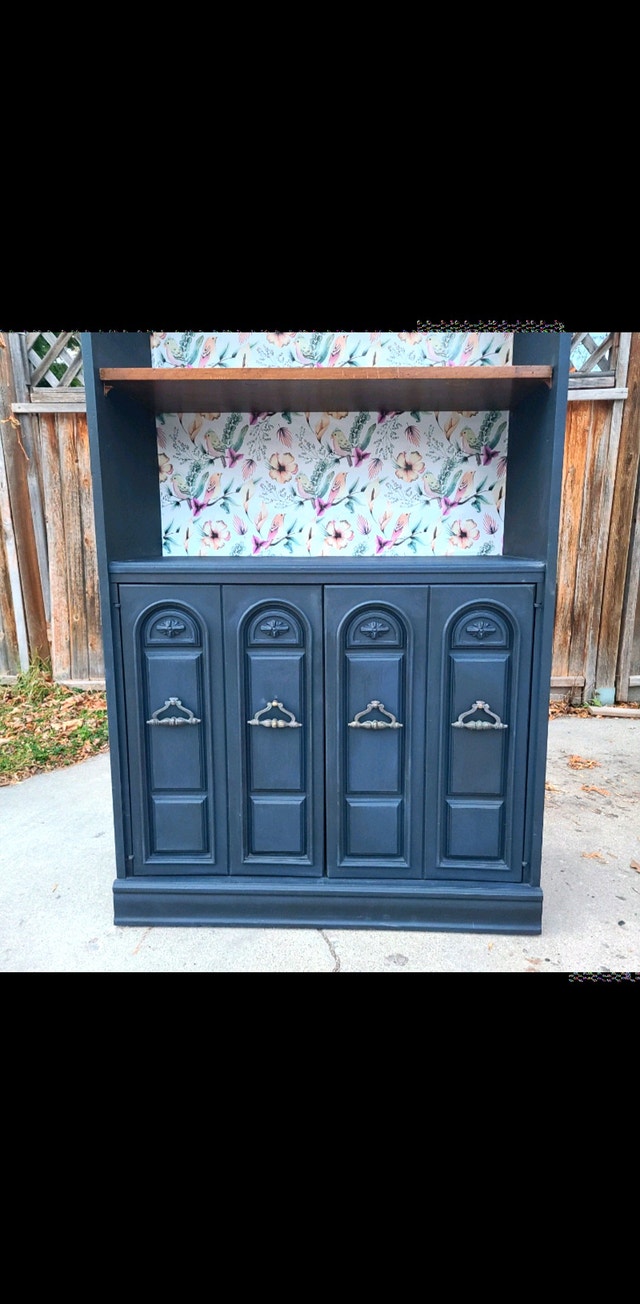 Beautiful Hutch Coffee Bar Display Navy Blue Refinished Style Hutches