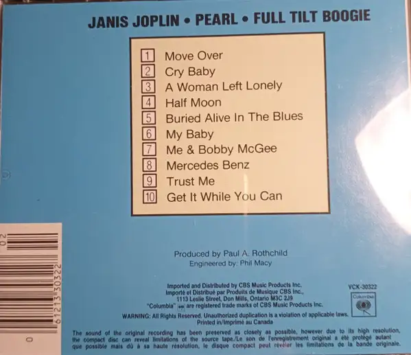 Janis Joplin / Full Tilt Boogie  --  Pearl   * CD/Disque Compact in CDs, DVDs & Blu-ray in City of Montréal - Image 3