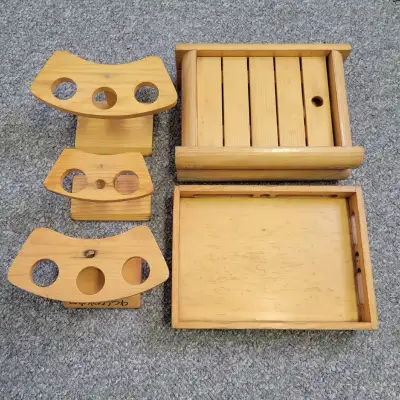 Traditional Japanese wooden sushi set: tray, plate and temaki stand for home, patio, office, restaur...