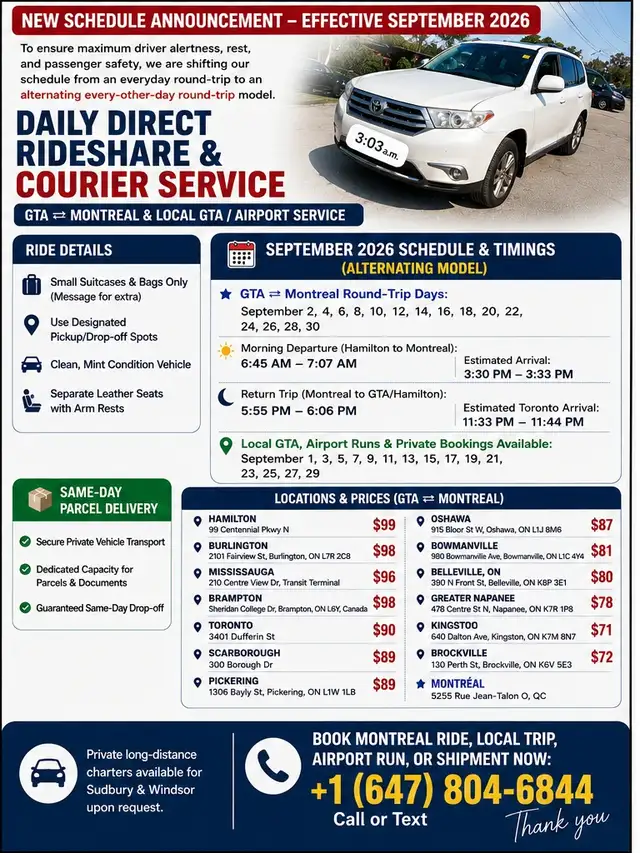 September 2026 | GTA ⇄ Montreal Rideshare & Courier