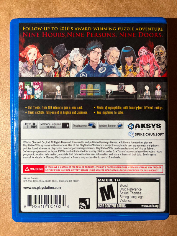 Jeu Zero Escape Virtue’s Last Reward PS Vita Game dans Sony PSP, Vita  à Ville de Montréal - Image 2