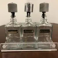 VINTAGE SET OF 3 GLASS LIQUOR  PUMP DISPENSER BOTTLES W/ TRAY