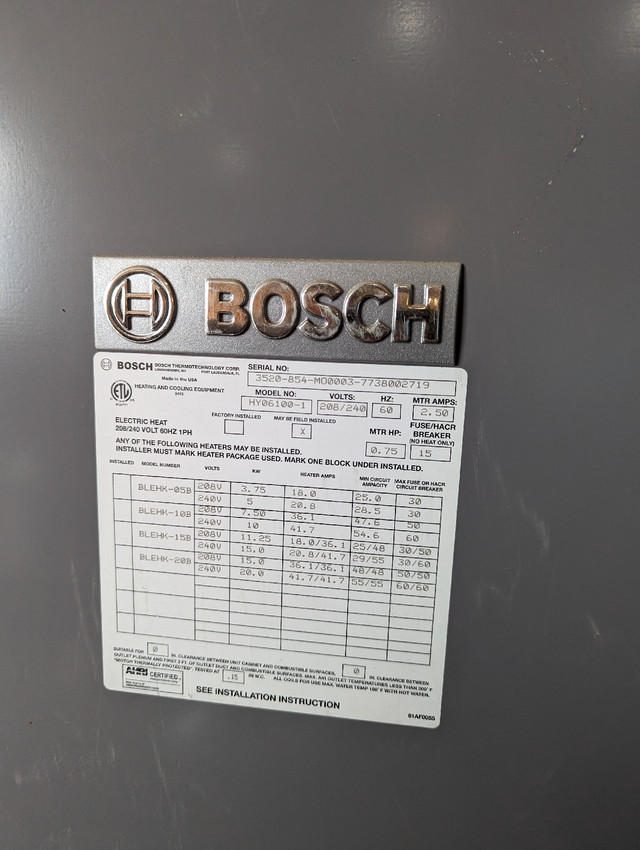 Bosch Hydronic Air Handler in Heating, Cooling & Air in Peterborough