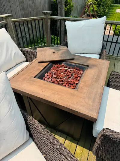 Outdoor patio set with fire table, View more