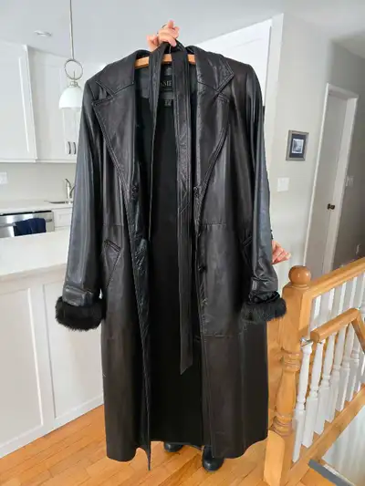 Full length Danier leather coat with belt Size X.S Bottom button needs repair $200 or Best offer