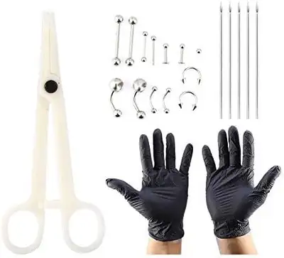 New in package, 20pcs/set Body Piercing Kit -- Jewelry Piercing Rings Clamp Gloves Pins Tool Kit for...