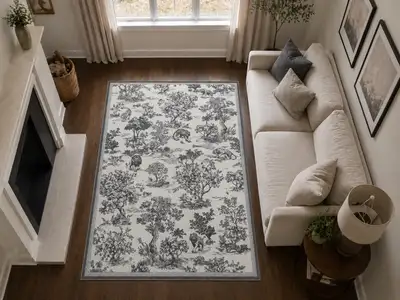 New 8x10 Area Rug: Monochrome Toile Pattern in Cream & Grey, View more