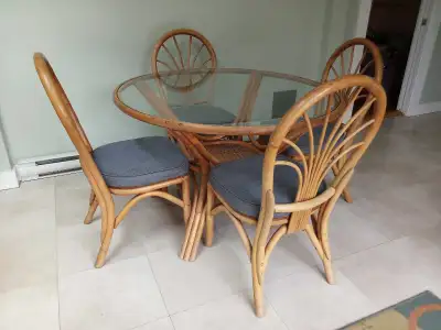 44 inch diameter glass top rattan dining table with 4 chairs, View more