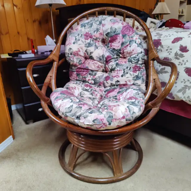 Two Bamboo Wicker Swivel Chairs c/w Cushions628643629466911216