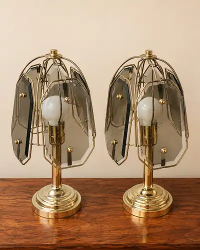 PAIR OF VINTAGE BRASS & SMOKED-GLASS TABLE LAMPS, View more