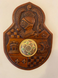 Antique Jeype Spain embossed leather & brass wall plaque.
