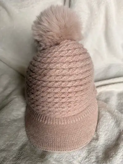 Pink  Knit Hat with Brim and Pom-Pom, View more