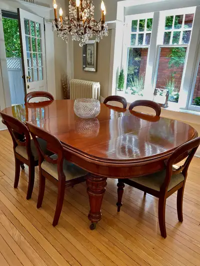 Antique English Victorian MahoganyD-End table/9 chairs/3 Leaves, View more
