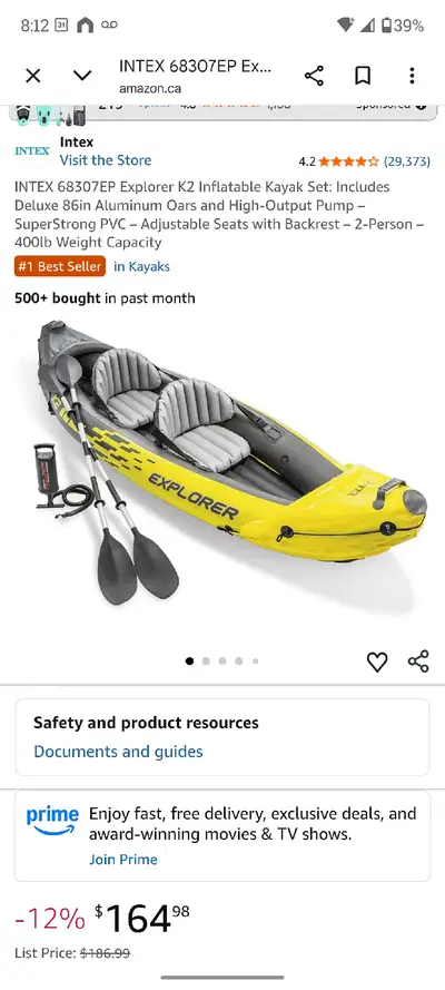 INTEX 2-person Explorer K2 Inflatable Kayak Taken on the water only once, as such it's like brand Ne...