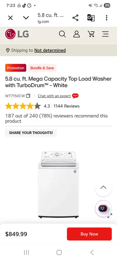 NEW LG 5.8 cu. ft. Mega Capacity Top Load Washer, View more