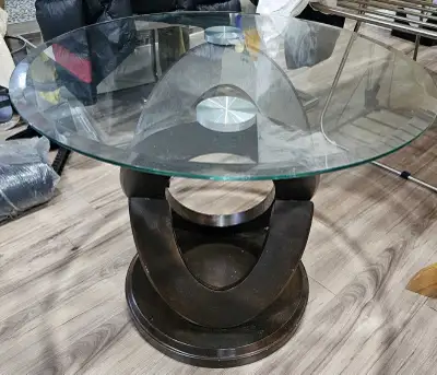Round glass Coffee Table with wood pedestal, View more