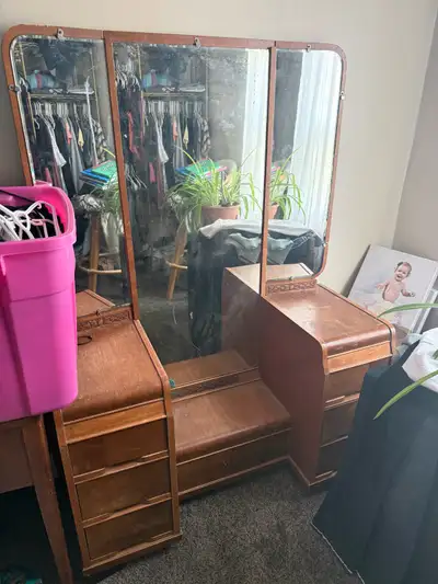 Vintage Wood Vanity Three Mirrors, View more