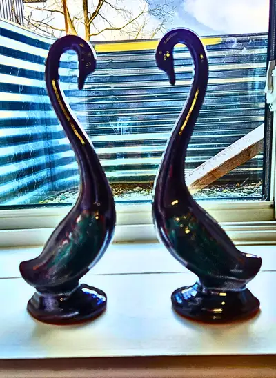 Vintage Mid Century Ceramic Swan Figurines Pair Brown Green Wing, View more
