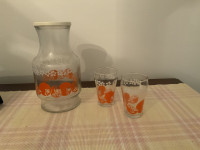 Vintage Anchor Hocking Oranges & White Flowers Juice Carafe Set