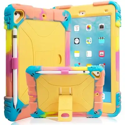 iPad Case with Pencil Holder and Kickstand Heavy Duty Hybrid Shockproof Kids (Rainbow Yellow) Absolu...