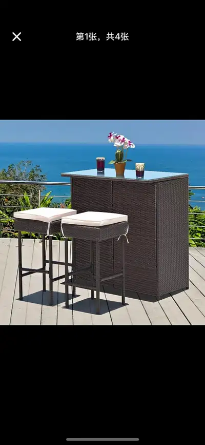 New3PCS Patio Rattan Wicker Bar Table Stools Dining Set Cushione, View more