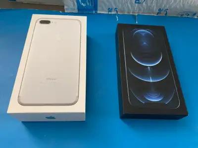 iPhone empty box-7 Plus, Silver, 32Gb,2/ iPhone 12 Pro Max, Pacific Blue, 128gb $15 both=$7.5/$10ea....