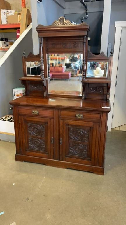 ANTIQUE DOVETAILED SERVING CABINET w/ Bevelled Mirror in Other in Delta/Surrey/Langley