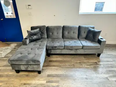 New Box 2 Pc Sectional Velvet Sofa with Cup Holder Free Delivery