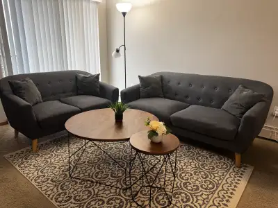 Move out sale Need to go ASAP Sofa set of two sofa and coffee tables - 550 Bed and Mattress- 150 Cup...