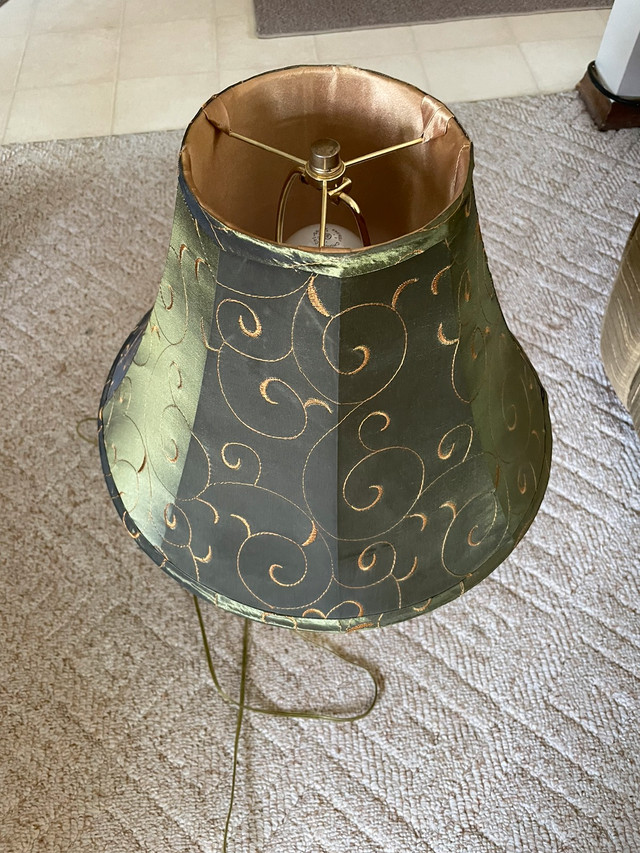 Brass Trilight lamp with beautiful green and gold satiny shade.  in Indoor Lighting & Fans in Regina