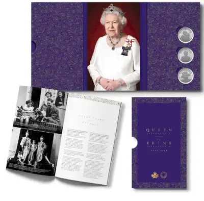 2022 Queen Elizabeth and extraordinary life commemorative 3 x 1 oz .999 pure silver bullion set. Thi...