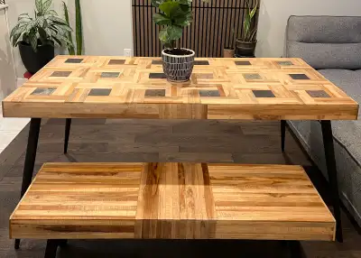 Beautiful Structube dining table with matching bench for sale. Solid wood top with a unique patchwor...