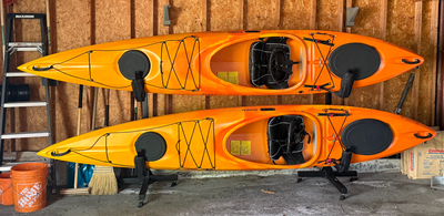 Two BORÉAL DESIGN BALTIC 120 KAYAKs + Paddles + Carrier + Stand, View more
