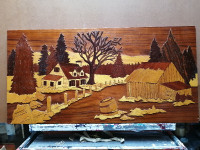 Bas-relief bois marquetterie paysage neige arbre maison clôture