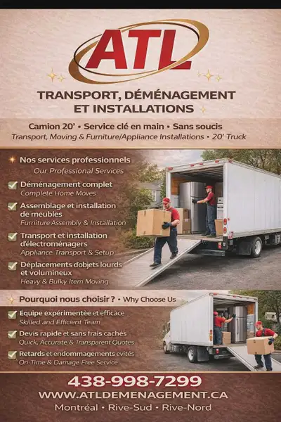 PETIT OU GROS déménagementA partire de 35$ heure 438-998-7299, View more