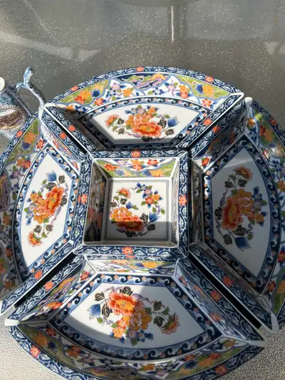 Vintage Japanese Imari Style 5 Section Section Porcelain Lazy Susan Carousel Tray 4.5 “ With extra J...
