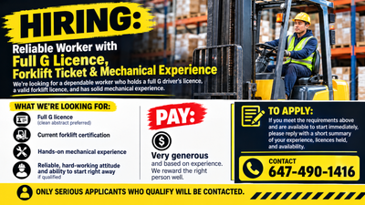 Hiring: Full G + Forklift + Mechanical Experience, View more