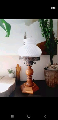 MCM Hurricane  Fenton Hobnail Milk Glass & Teak Vtg Desk Lamp