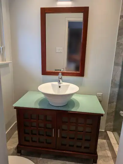 ** MUST GO ** Bathroom Vanity with Glass Top with tiered sink, View more