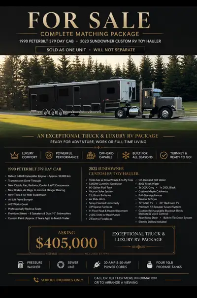 FOR SALE — ONE-OF-A-KIND MATCHING TRUCK & LUXURY RV PACKAGE 1990 Peterbilt 379 + 2023 Sundowner Cust...