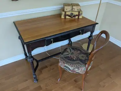 Antique wood desk with polished surface & stylish wood chair, View more
