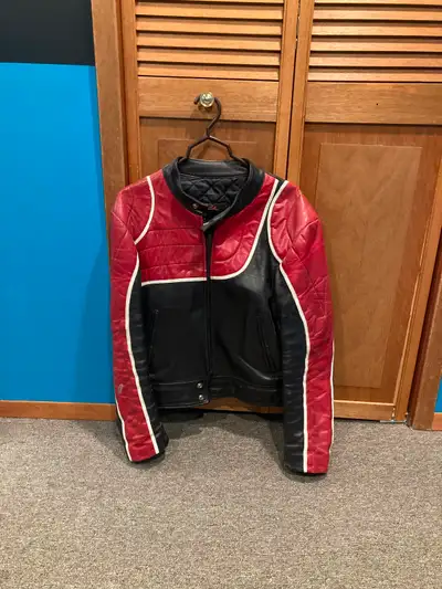 Vintage red & black leather jacket, made by Bristol Manufacturing Bought new in 1983