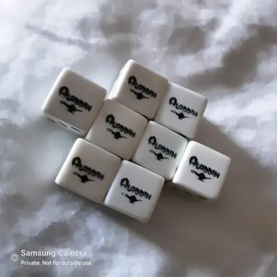 ~15mm. Price includes all 8. White Porcelain, black dots, black logo, rounded edge. Unnumbered table...