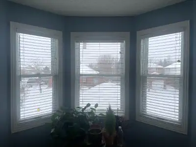 White horizontal faux wood blinds, 2 sizes, View more
